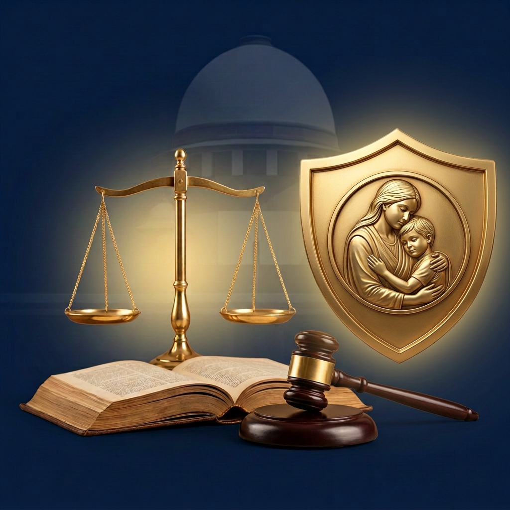 Scales, law book, gavel, and shield depicting a mother and child
