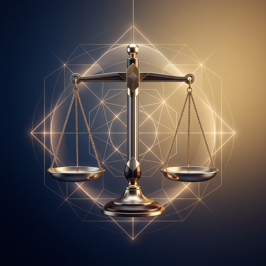 Balanced metallic justice scales centered against glowing geometric patterns